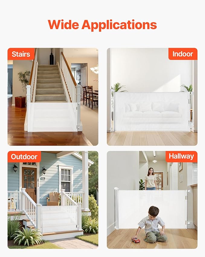 VEVOR Retractable Baby Gate, Extends to 56.3 inch Wide, 31.3 inch Tall, with Security Lock, Easy to Use, Walk Through Without Tripping, Mesh Dog Gate for Stairs, Hallways, Indoor/Outdoor, White