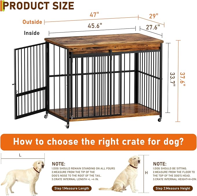Dog Crate Furniture, 48’’ Wooden Dog Kennel Indoor with Sliding Front Door, Multi-Side Openings & Feeding Window Pet Cage House as TV Stand(Brown)