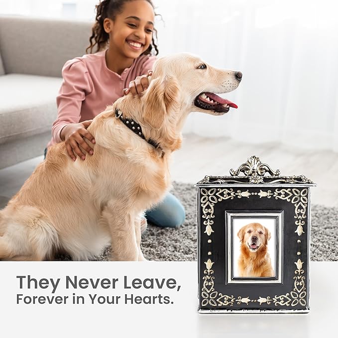 AELS Large Pet Urn Memory Box for Keepsakes with Photo Slot, Dog Memorial Urns for Ashes, Cat or Dog Cremation Urns, Black