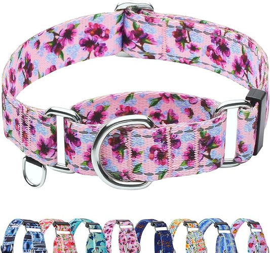 Reflective Martingale Collar for Dogs Nylon Training Collar with No Buckle Cute Floral No Pull Dog Collar for Medium Dogs（Purple Flower，M）