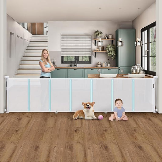 140'' Retractable Baby Gates Extra Wide,34" Tall Retractable Dog Gate for Doorways, Security Upgrade Reinforcement Rods 11 Foot Retractable Baby Gate for Stairs, Indoor/Outdoor Retractable Gate