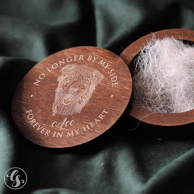 Personalized Pet Hair Keepsake Box for Dog and Cat Fur - Engraved Wood Memorial Box - Unique Customized Gift for Loss of Furry Friend Wooden (Dark Round Wood/Acrylic Lid, With Photo)