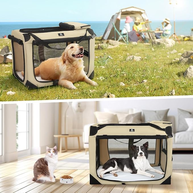 X-ZONE PET Dog Crate 3-Door Kennel, Collapsible Portable Soft Sided Pet Carriers for Indoor & Outdoor, Multiple (28-Inch, Rice White)