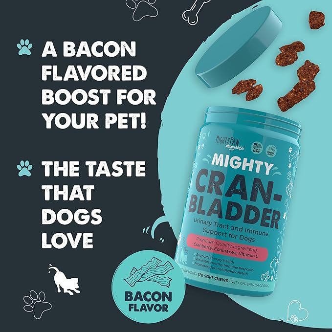 Mighty Paw Waggables Cran-Bladder (Made in The USA) | Vet Formulated Cranberry Supplement for Dogs – Cranberry Chews for Dogs, Urinary Tract & Bladder Support, Bacon Flavored, 120 Soft Chews