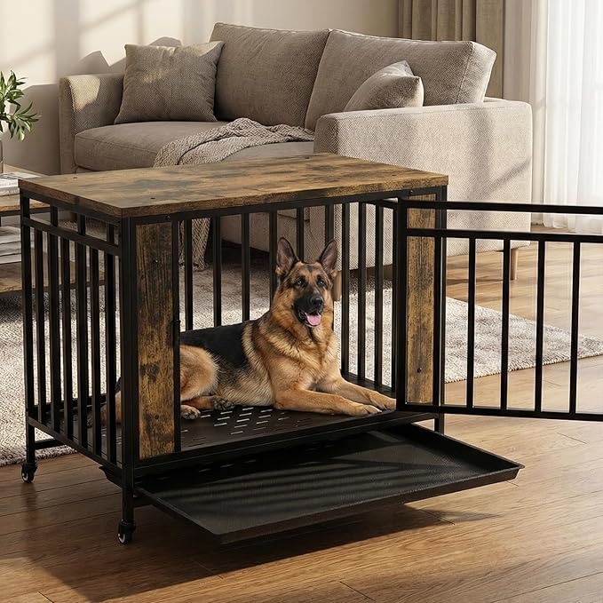 Medium Dog Crate Furniture with Removable Tray & Iron Door, 39" Heavy Duty Indoor Dog House Furniture Side Table with Lockable Wheels, Wooden Pet Kennel Crate for Medium Small Dogs (Black)