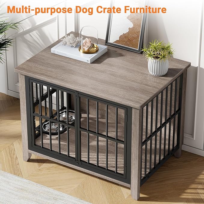31.5" Dog Crate Furniture, Wooden Dog Kennel Indoor with 360° Rotating Feeder and 2 Adjustable Bowls, Decorative Side End Table Dog Cage for Medium and Small Dogs, Grey