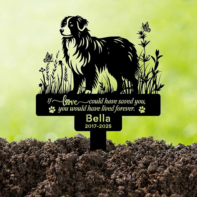 Custom Pet Australian Shepherd Memorial Grave Stake Marker, Custom Pet Garden Metal Stake with Name Date, Pet Memorial Sign, Pet Australian Shepherd Memorial Stakes, Outdoor Pet Garden Decor