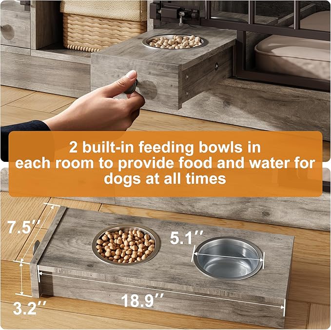 GarveeHome Dog Crate Furniture for 2 Dogs, Dog Kennel Indoor with Storage and Feeding Bowls, Double Dog Crate TV Stand for Small Medium Dogs, Grey