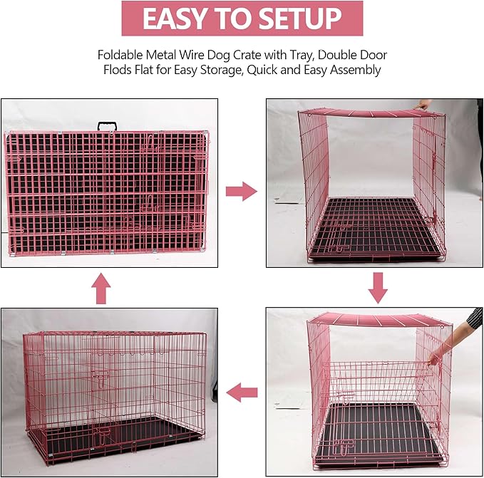 Foldable Dog Crate, 30 Inch, Pink, Portable, Easy to Clean, Safe and Secure Construction, Ideal for Travel and Indoor Use