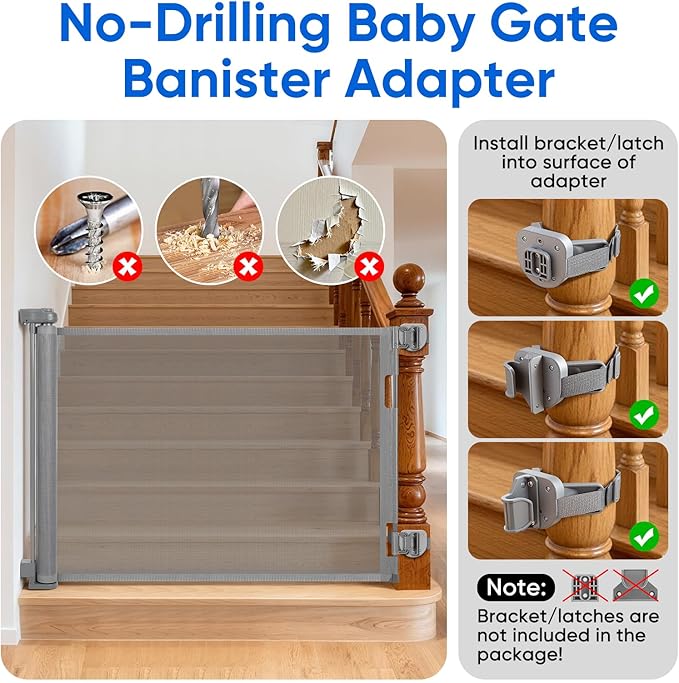 2Pcs Baby Gate Stair Railing Banister Adapter, Fits 1.9-4.72'' Diameter Universal Banisters, Wide Square/Round Railings No-Drilling Mounting Fittings for Retractable Gates,Adjustable Fixed Strap(Gray)