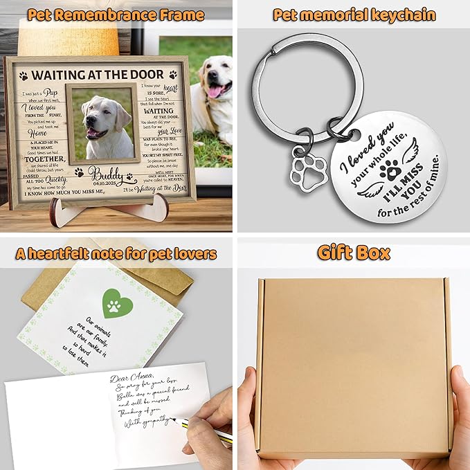 Pet Memorial Gifts for Dogs - Personalized Waiting at The Door Dog Memorial Picture Frame, Engraved Keychain, Pet Sympathy Card - Passed Away Sympathy Gift for Dog Lovers, Bereavement Decor Home