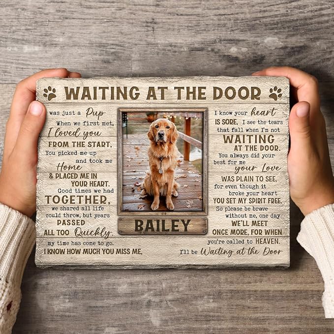 Dog Memorial Stone - Wait at The Door Personalized Stones in Memory of Beloved Dogs, Pets - Remembrance Dog Memorial Plaque with Custom Photo & Name - Bereavement Gift