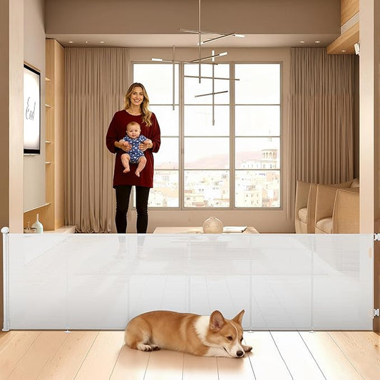 Retractable Baby Gate for Stairs, 42" Tall X 150" Wide Mesh Dog Gate Indoor, Child Gate for Doorways, Hallways, Deck, Indoor Outdoor Pet Baby Safety Essentials for Home, White