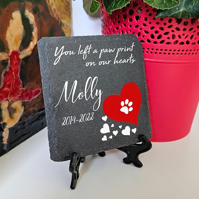 Personalized Individual Square Memorial Plaque + Stand for Pet Cat Dog Slate Stone Frame Paw Grave Marker - Size 3.94" x 3.94" or 100 x 100 mm - Red Heart