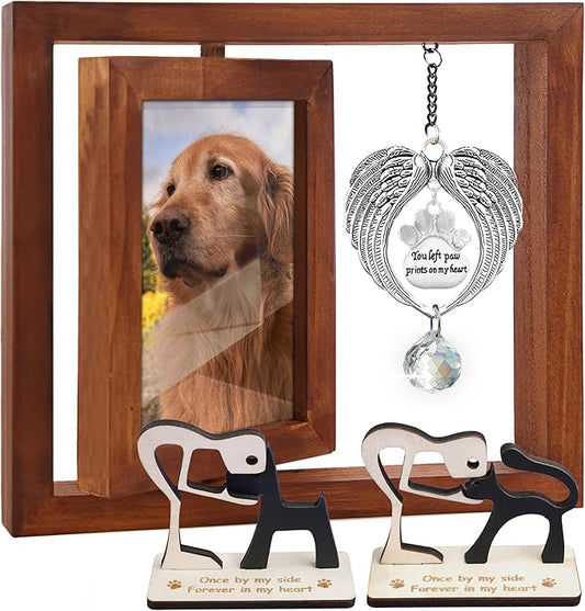 Rotating Wooden Picture Frame 4x6 Photo Pet Angel Wings Memorial Ornament Crystal Rainbow You Left Pawprints on My Heart, Dog Cat Bereavement Remembrance Gifts, In Loving Sympathy Pet Frame PR-4W
