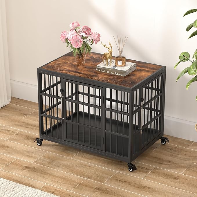 VERIFURTY 30 Inch Heavy Duty Dog Crate Furniture with Self-Locking Latch for Medium and Small Dogs, Escape-Proof Dog Kennel Furniture Indoor, Decorative Pet Cage End Table, Rustic Brown