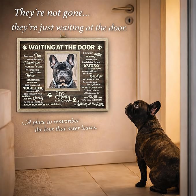Pet Memorial Gifts for Dogs - Personalized Waiting at The Door Dog Memorial Picture Frame, Engraved Keychain, Pet Sympathy Card - Passed Away Sympathy Gift for Dog Lovers, Bereavement Decor Home