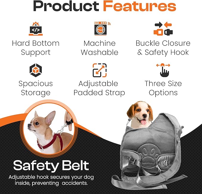 Small Dog Sling Carrier Bag, Hands-Free Dog Carrier Sling with Safety Buckle, Breathable Mesh, Adjustable Strap, Padded Back, Storage Pockets, Pet Carrier for Dogs, Cats, Puppies up to 8–10 lbs