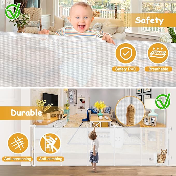 Reinforced 120” Extra Wide Baby Gate with Cat Door 33 Inch Tall Outdoor Pet Gates for Wide Openings 10 Ft Reinforced Retractable Dog Gates for Doorways Retractable Pet Gate Indoor with Cat Door, White