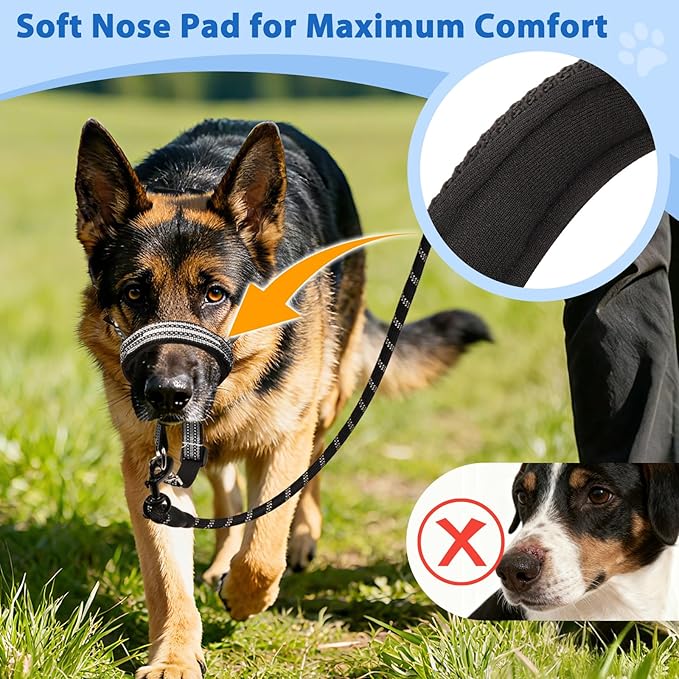 BARKLESS No Pull Dog Head Collar for Gentle Training Walking, Soft Padded Head Halter with Collar Safety Clip, Comfortable Fit Muzzle Leash with Reflective Strap for Medium Large Dog (Grey, L)