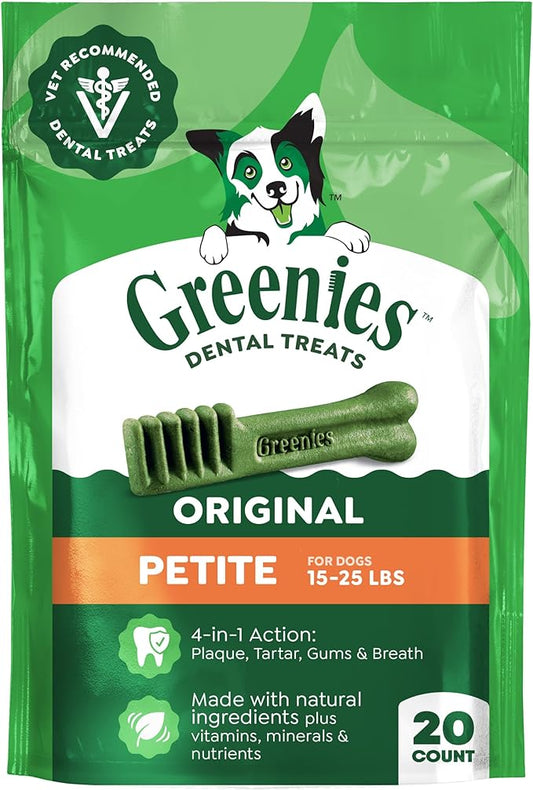 Greenies Veterinarian-Recommended Adult Natural Dental Dog Treats Petite Size, Dog Dental Chews, Original Flavor, 12 oz. Pack, 20 Count