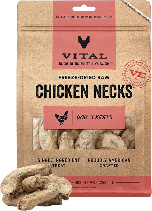 Vital Essentials Freeze Dried Raw Chicken Necks Dog Treats | Single Ingredient | Premium Quality | Grain Free Treats for Dogs, 9 oz Bag