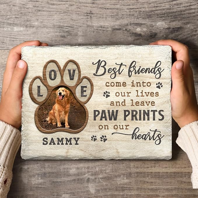 Dog Memorial Stone - Love Pawprint Plaque with Custom Photo & Touching Optional Quotes - Pet Loss Gift, Personalized Stones for Dogs Lover - Paw Prints on Our Hearts, Garden Décor