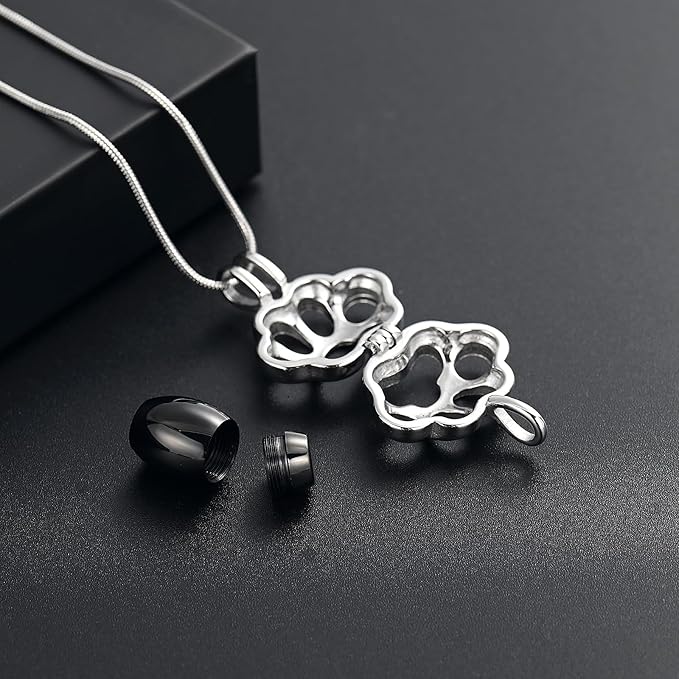 Pet Cremation Jewelry for Ashes Paw Memorial Locket Urn Necklace Keepsake Cremation Jewelry for Dog/Cat (Silver-Black)