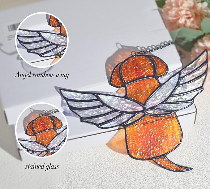 Stained Glass Angel Rainbow Wing Memorial for Loss of Dog, Dog Bereavement Gift (Orange)