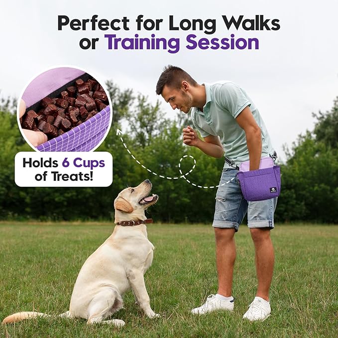 Dog Treat Pouch – Large Capacity with Magnetic Closure, Dog Walking Fanny Pack Built-in Poop Bag Dispenser, Clicker & Collapsible Bowl for Training & Walking - Purple