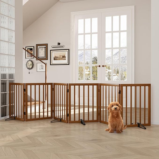 Semiocthome Walnut Dog Gates for Doorways, 6-Panel Freestanding Dog Gate Indoor for the House Stairs, 24" H Foldable Wooden Pet Gates with 4PCS Metal Stands, Expands Up to 110" (W)