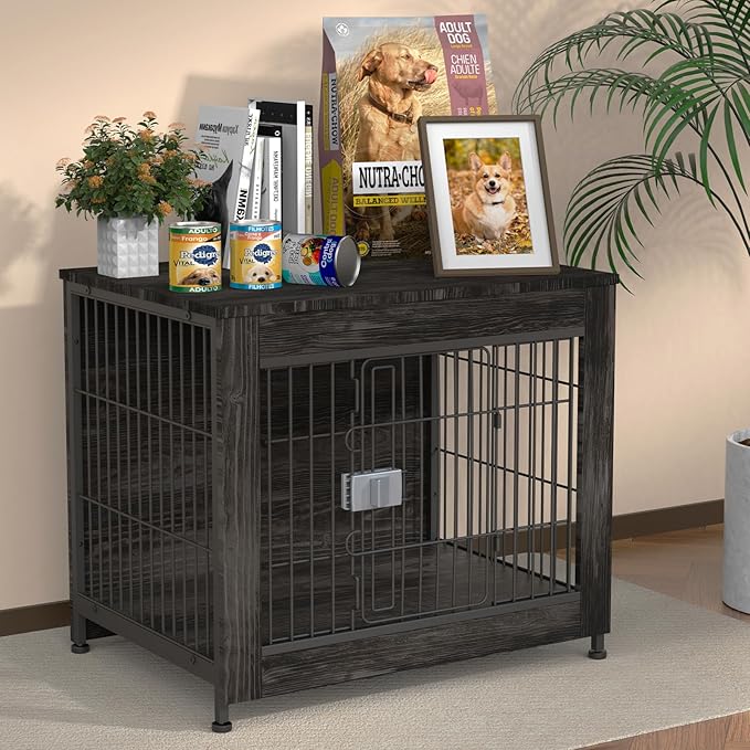 Furniture Style Dog Crate, 27" Wooden Dog Kennel End Table with Solid Top, Indoor Pet Crate House with Secure Slide Lock, Modern Dog Cage Furniture for Small & Medium Dogs, Rustic Brown