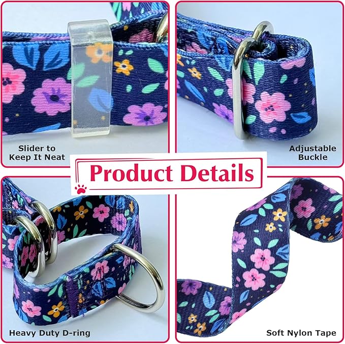 Martingale Dog Collar for Small Medium Large Breed Pet Dogs-No-Slip Escape Proof Choke No Pull Cinch Soft Webbing Dog Collar for Male and Female Purple Flowers L