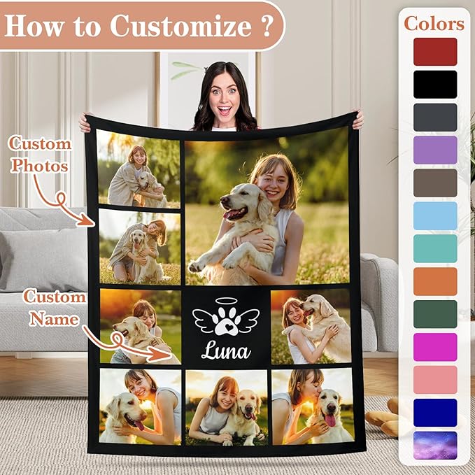 Pet Memorial Blanket Gift - Personalized Dog Memorial Blanket with Photo Name, Pet Sympathy Gifts for Dogs Lovers, Custom Loss of Dog Grief Blankets, Pets Remembrance Bereavement Gifts (8 Photos)