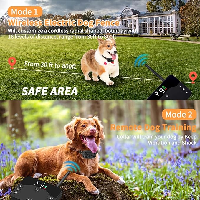 Wireless Dog Fence Dog Training Collar 2 in 1, Electric Pets Boundary Containment System, Adjustable Range Control, Waterproof Receiver, Vibration & Shock, Suitable for All Stubborn Dogs,for1dog