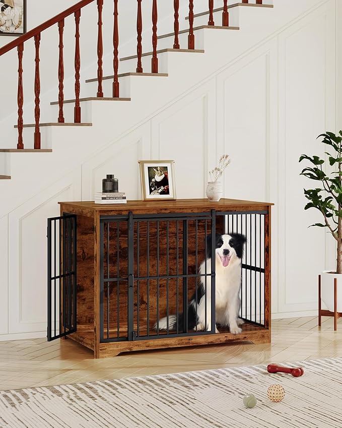 XXL Large Dog Crate Furniture, 46.9" Indoor Dog Kennel Furniture with Barn Door, Wooden Tall Dog Crate, Heavy Duty Dog Cage for Large Dogs, Side End Table, Anti-Chew, Rustic Brown DFC83801B