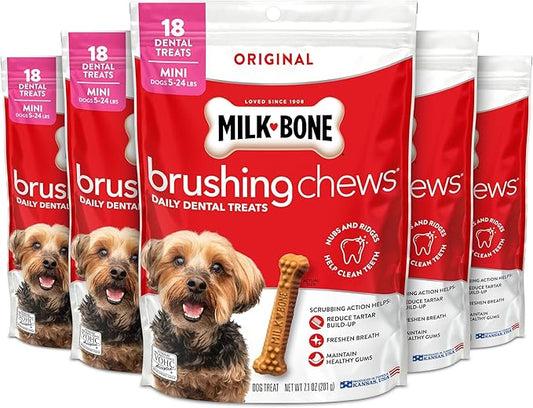 Milk-Bone Brushing Chews Original Chicken Flavor Daily Dental Dog Treats, Mini, 7.1 Oz. Bag (Pack of 5)