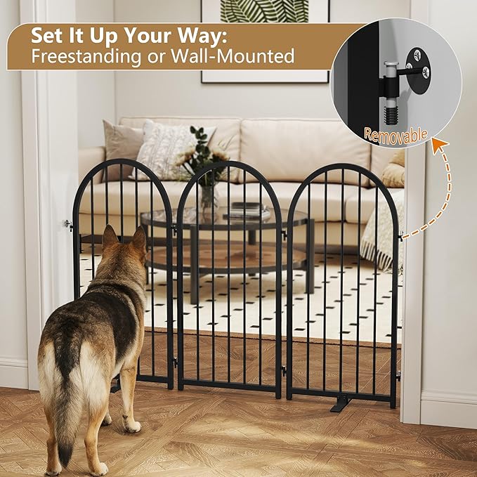 Full Metal Dog Gate for Indoor Outdoor, 32" Tall Free Standing Pet Dog Fence, 36" Wide Arched Pet Gates for Stairs, Hallways, Doorways, Kitchen, Decks, Yards (Black, 2 Panels)