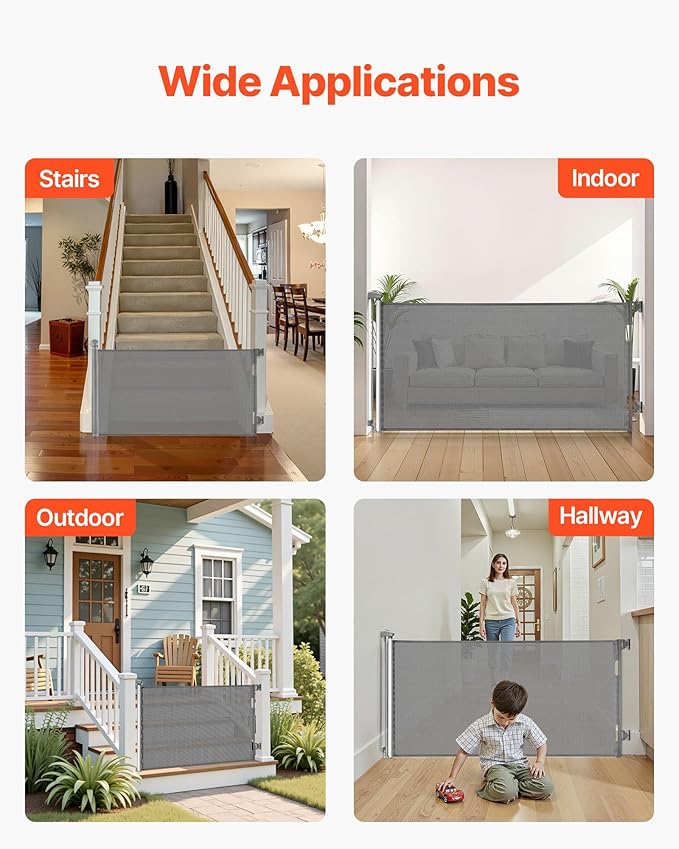VEVOR Retractable Baby Gate, Extends to 56.3 inch Wide, 31.3 inch Tall, with Security Lock, Easy to Use, Walk Through Without Tripping, Mesh Dog Gate for Stairs, Hallways, Indoor/Outdoor, Gray