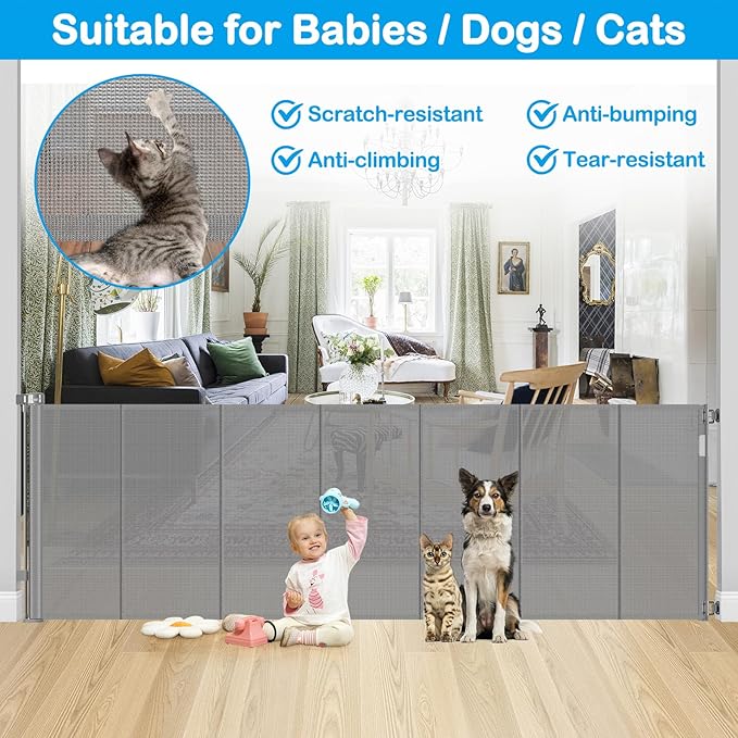 Reinforced 42" Extra Tall X 159" Extra Wide Baby Gate Retractable Baby Gates Prevent Babies and Dogs from Squeezing Through Tall Retractable Dog Gate Outdoor 13.25ft Long Child Gates for Doorways,Gray