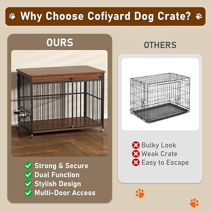 Dog Crate Furniture, 48’’ Wooden Dog Kennel Indoor with Sliding Front Door, Multi-Side Openings & Feeding Window Pet Cage House as TV Stand(Brown)