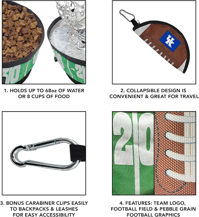 Pets First NCAA Kentucky Wildcats Collapsible Dog Travel Bowl, Food and Water Bowl for Dogs & Cats. Lightweight Leak-Proof Pet Bowl for Travel with Football Field & Pebble-Grain Design