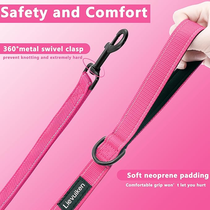 Dog Leash 5ft Long, Double Handle Dog Leash for Safety Control Training, Heavy Duty Dog Leads with Traffic Padded Handles, Reflective Leashes for Small Medium Large Dogs(5ft, Hotpink)