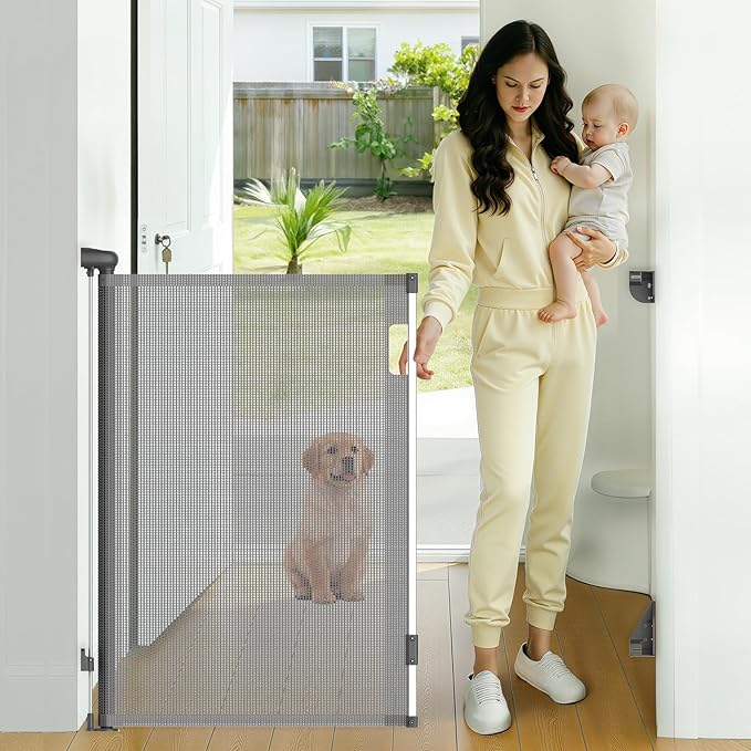 Retractable Baby Gate, 38" Extra Tall Mesh Dog Gate with Auto-Tension Design, 71" Wide One-Hand Operation Doorway Gates for Pets & Babies, No Bottom Rail Safety Gate for Hallways, Gray