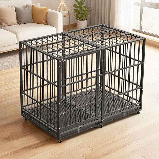 54 inch Heavy Duty Dog Crate with Dual Doors and Lockable Wheels, Large Dog Kennel Indoor, Removable Tray for Easy Cleaning, Dog Cage for Medium to Large Breeds and Anxious Dogs