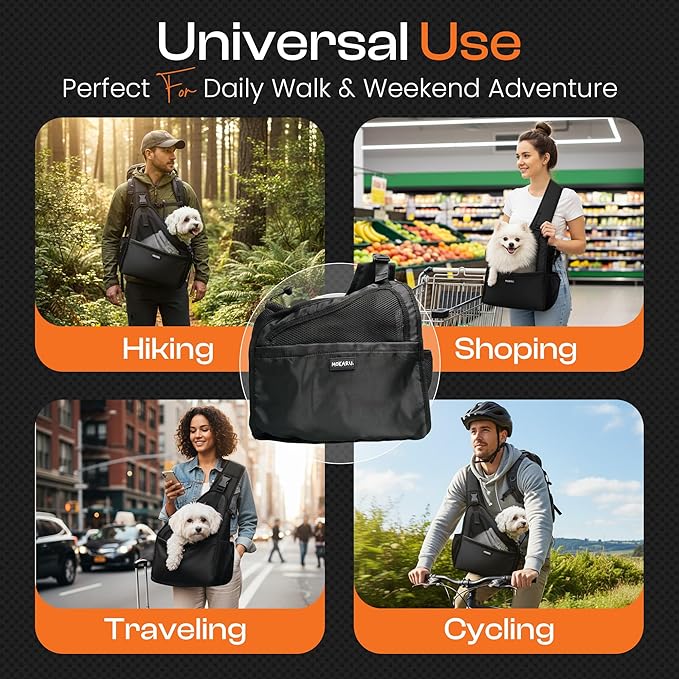 Small Dog Sling Carrier Bag, Hands-Free Dog Carrier Sling with Safety Buckle, Breathable Mesh, Adjustable Strap, Padded Back, Storage Pockets, Pet Carrier for Dogs, Cats, Puppies up to 8–10 lbs