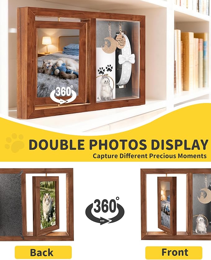 Dog & Cat 3-IN-1 Memorial Wooden Picture Frame Set, Lost Pet Sympathy Gifts with 360° Rotation Wooden Picture Frame for Two 4"x6" Photos, Pet Memory Gifts for Dog/Cat Passing