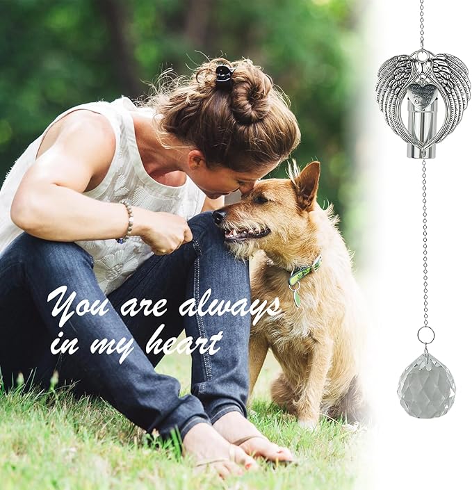 Pet Keepsake Urns for Dogs Ashes with Sun Catcher - Memorial Wind Chimes with Ashes Urn Keychain for Loss of Dog and Cat - Unique Pet Memory Ashes Box - Personalized Hanging Crystal Ornament (Heaven)