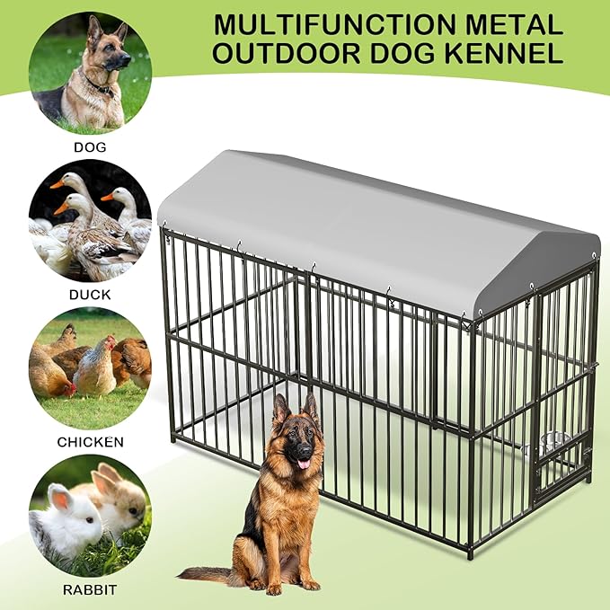8x4x6 ft Heavy-Duty Outdoor Dog Kennel with Lockable Roof & Cover - All-Weather Large Dog Cage Kennel for Medium & Large Dogs, Waterproof Pet Enclosure