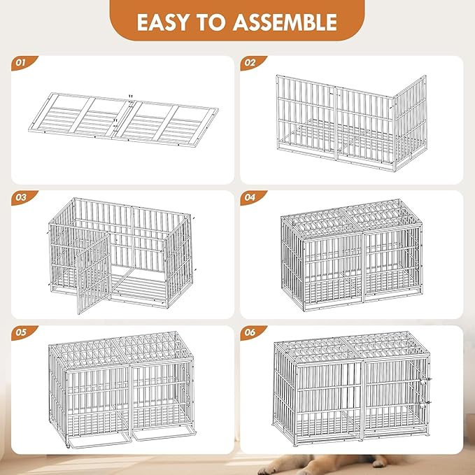 61'' Indestructible Heavy Duty Dog Crate with Cushion, Extra Large Pet Cage Escape Proof Strong Steel Impact for High Anxiety Dogs, Sound Proof Chewproof Kennel 2 Doors, XXL